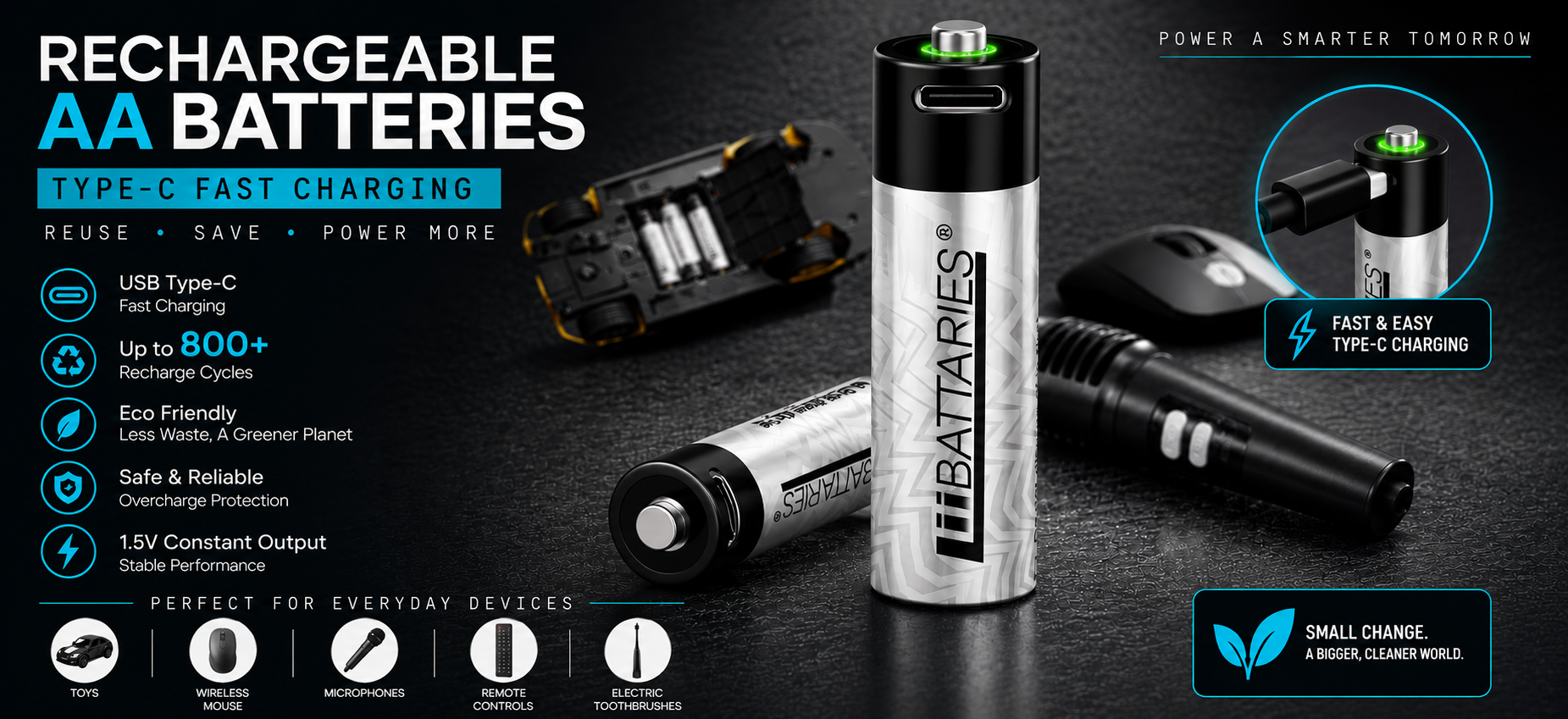LiiBatteries Rechargeable AA Batteries Type-C Fast Charging