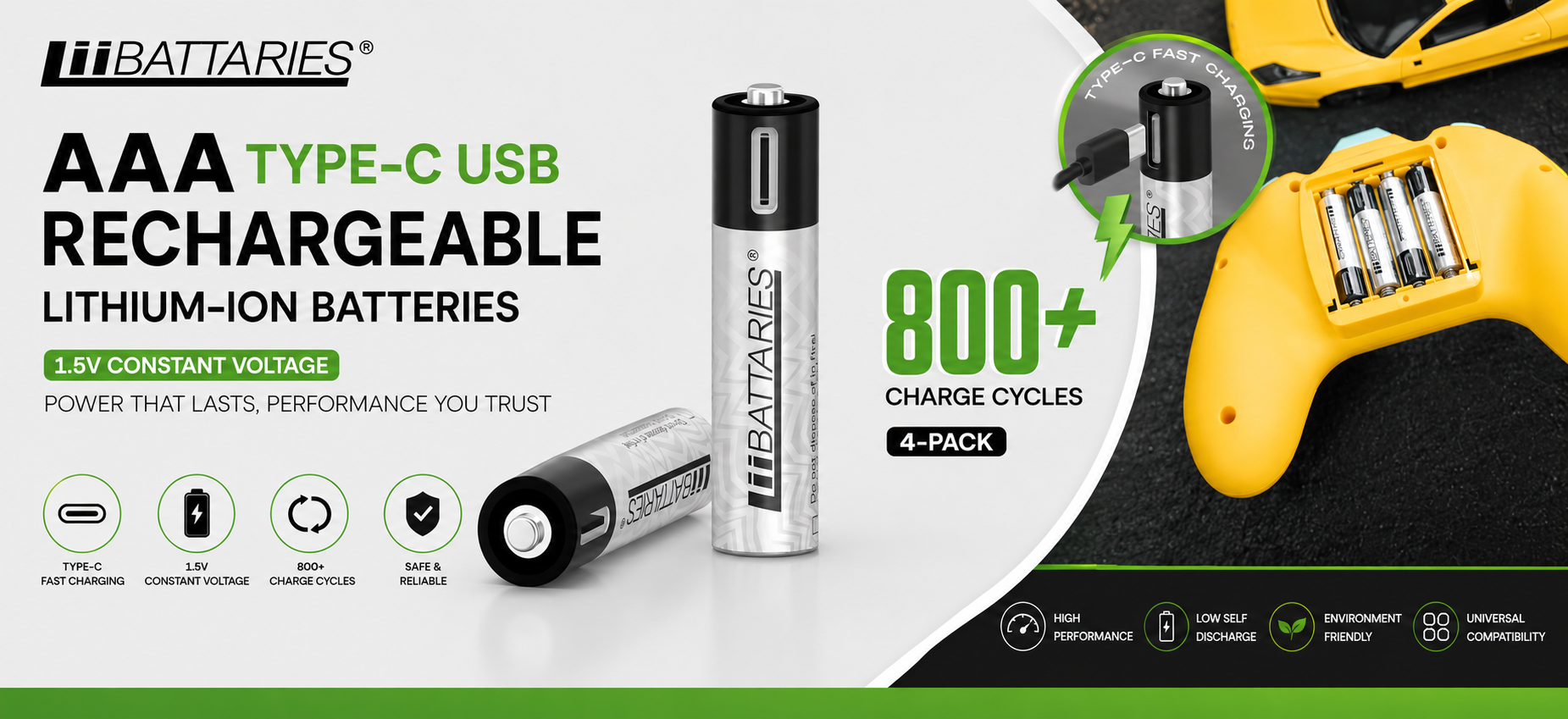LiiBatteries Rechargeable AAA Batteries Type-C Fast Charging
