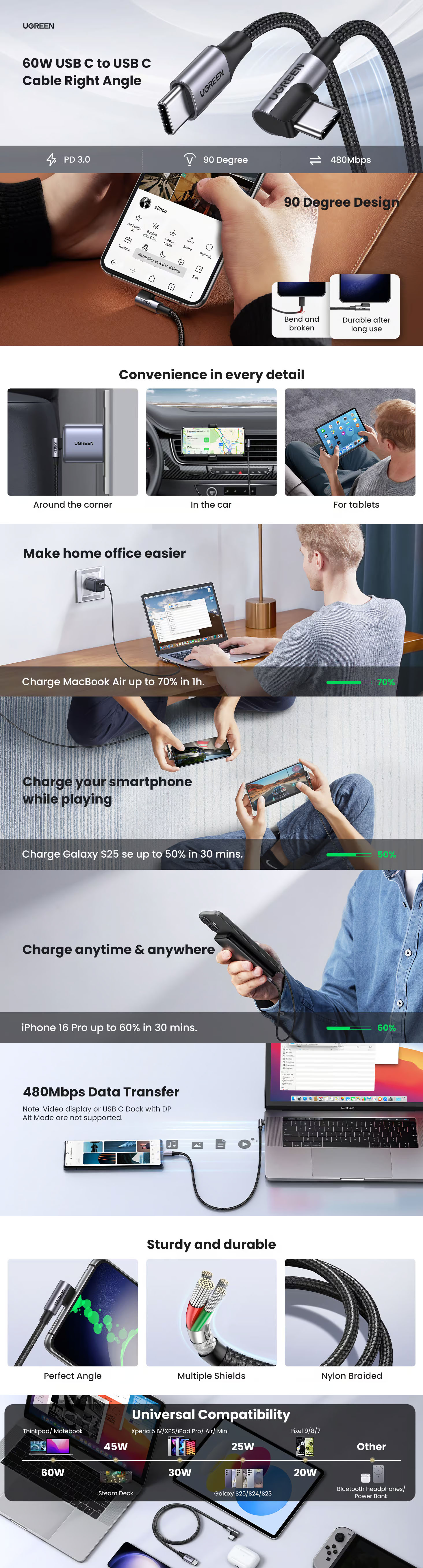 Ugreen 60W USB-C to USB-C 90 Degree Right Angle L-Shape Cable - 3m