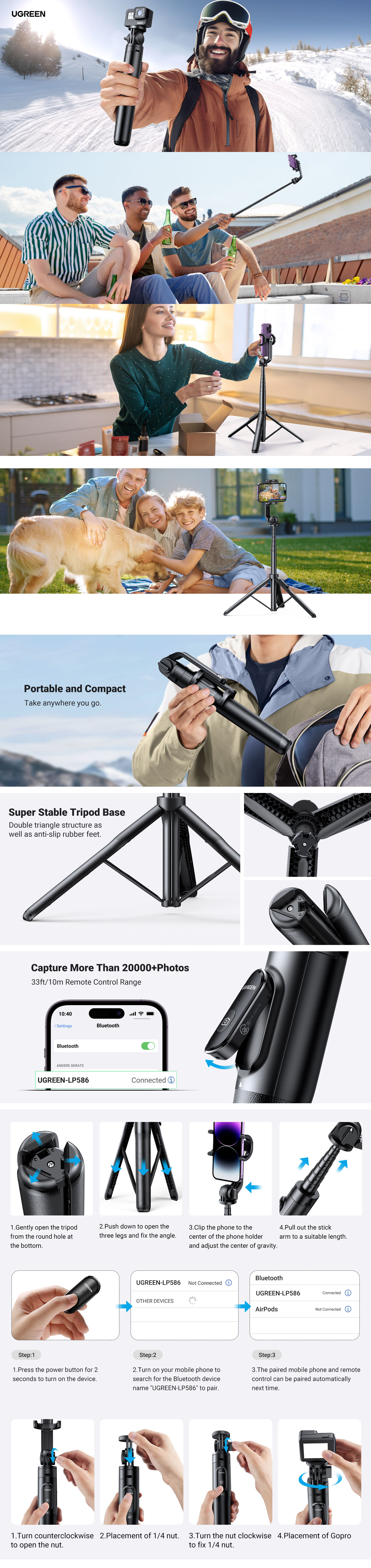 Ugreen Aluminum Tripod Stand with Bluetooth Remote Selfie Stick & Phone Holder - Black