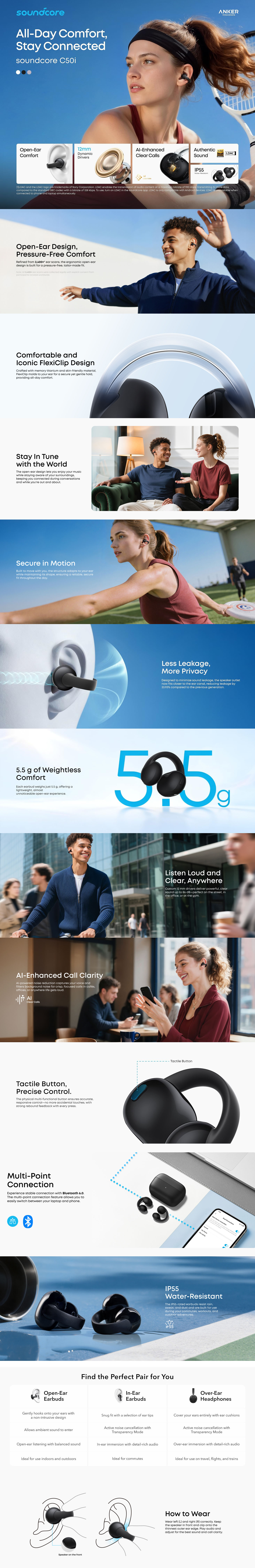 Anker Soundcore C50i  Open-Ear Clip-On Earbuds, Wireless Clip Headphones with Comfortable Open-Ear Design, Secure Fit, Clear Sound & All-Day Wear - Black