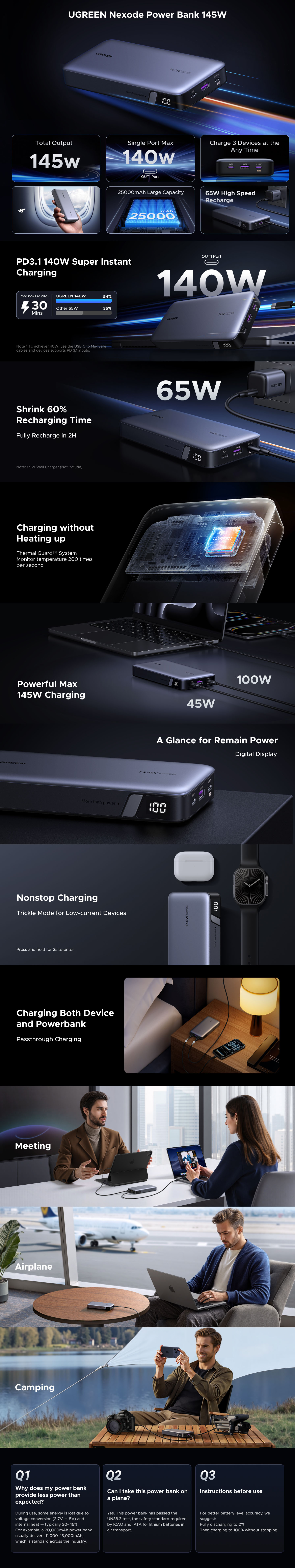 Ugreen Nexode 145W 25000mAh with 3-Ports USB-C Portable Power Bank - Grey