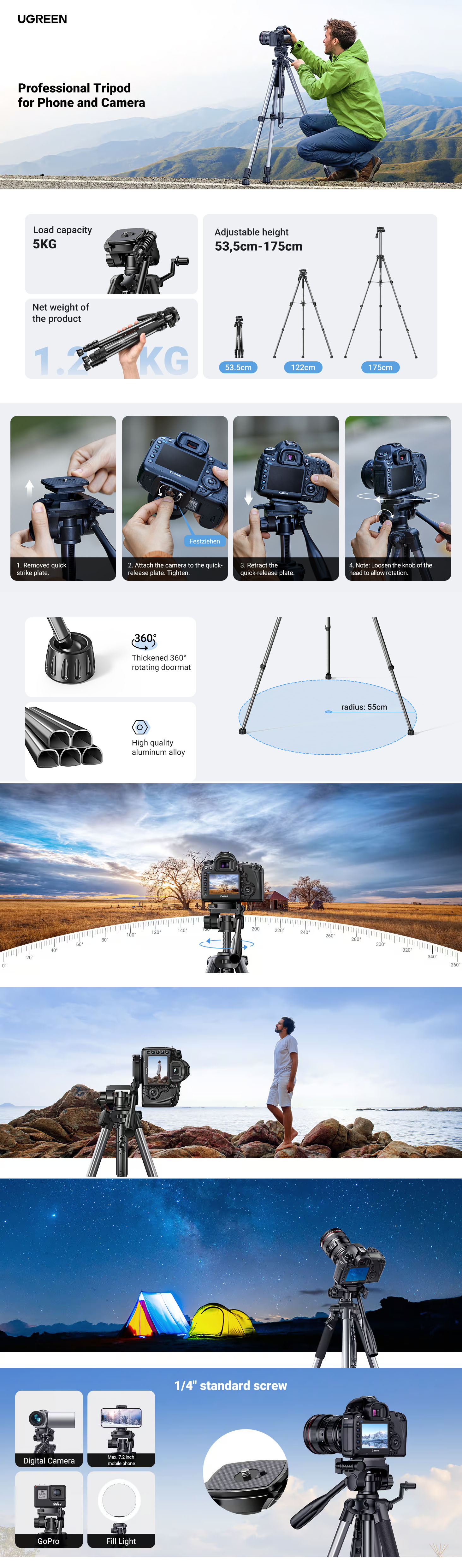 Ugreen Heavy Duty Professional Aluminum Tripod Camera Stand - Black