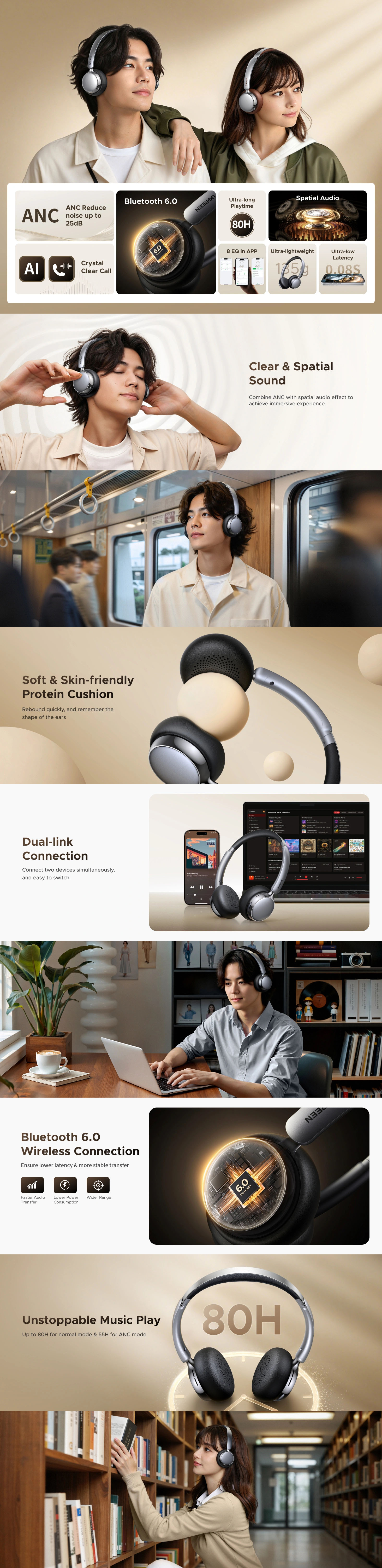 Ugreen Studio Plus 80Hrs Active Noise Cancelling Wireless Headphones - Black