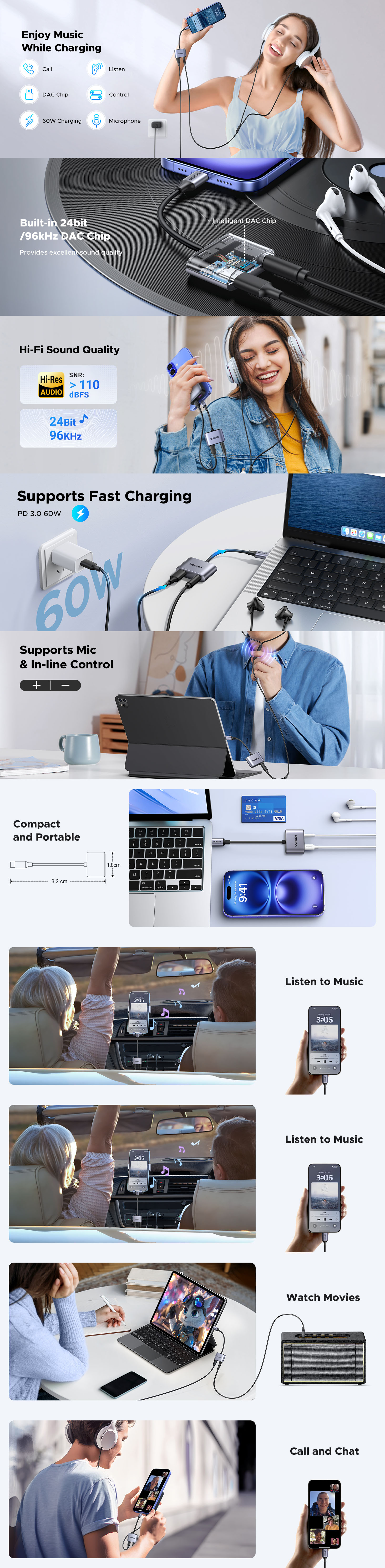 Ugreen 2in1 USB-C to 3.5mm AUX Audio & PD Charging Adapter - Grey