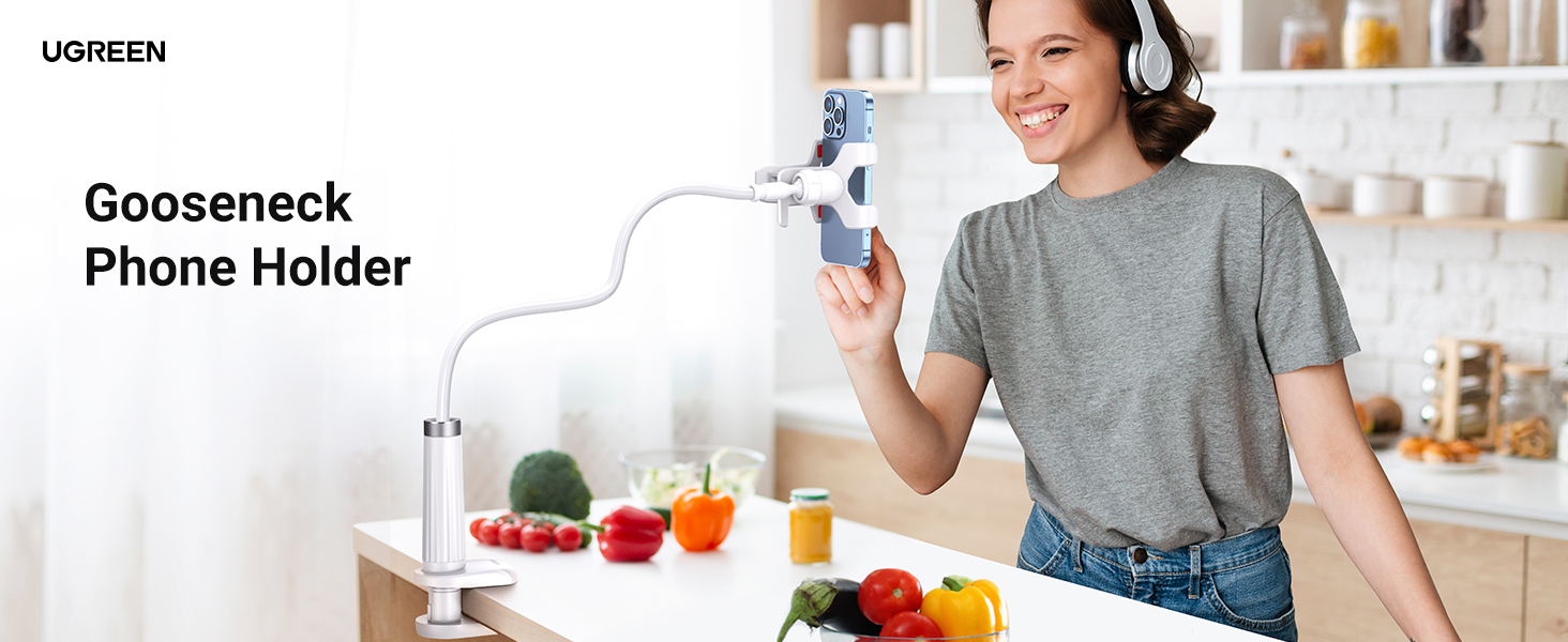 Ugreen Gooseneck Desktop Phone Holder with Flexible Long Arm - White