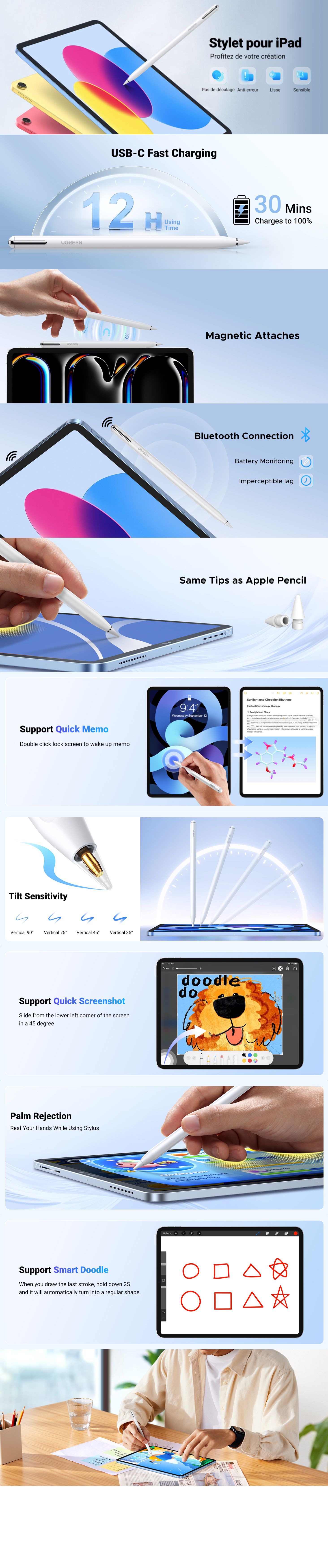 Ugreen Smart Bluetooth Stylus Pen for Apple iPad - White