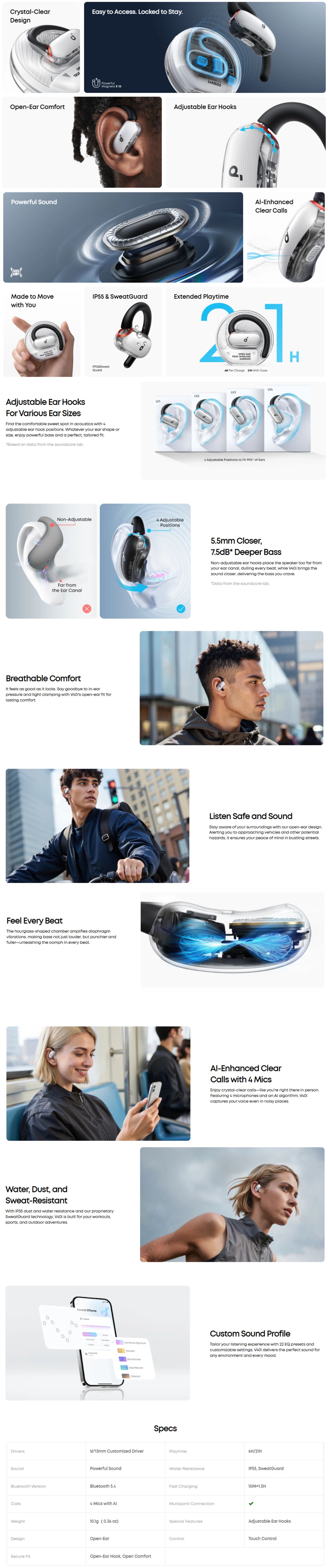 Anker Soundcore V40i Open Ear Earbuds with Lidless Case, 4 Adjustable Positions, AI Clear Calls, Richer Bass, IP55, 21H Playtime, Bluetooth 5.4 - White