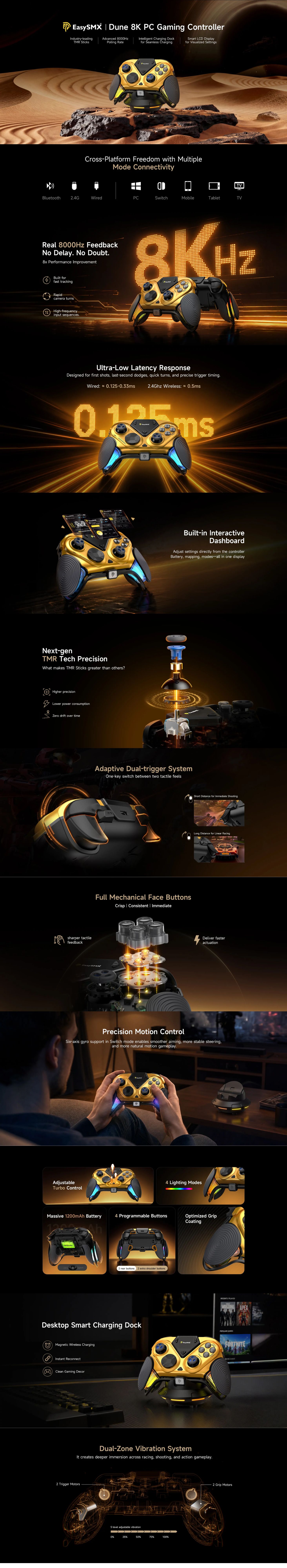 EasySMX D15 Wireless PC Gaming Controller with 8000Hz Polling Rate 1.3 Inch LCD Screen, TMR Joysticks, RGB, with Magnetic Charging Dock - Gold