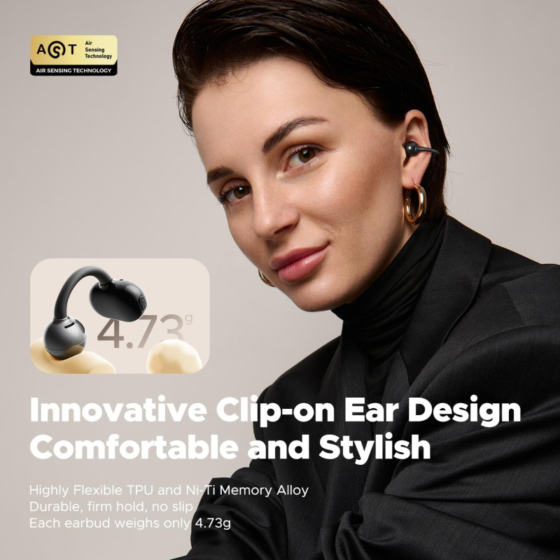 SoundPEATS POP Clip Wireless Open Ear Earbuds, Button Control, Lightweight, 30H Playtime, IPX5, Bluetooth 5.4 Immersive Audio, Sports Running - Black