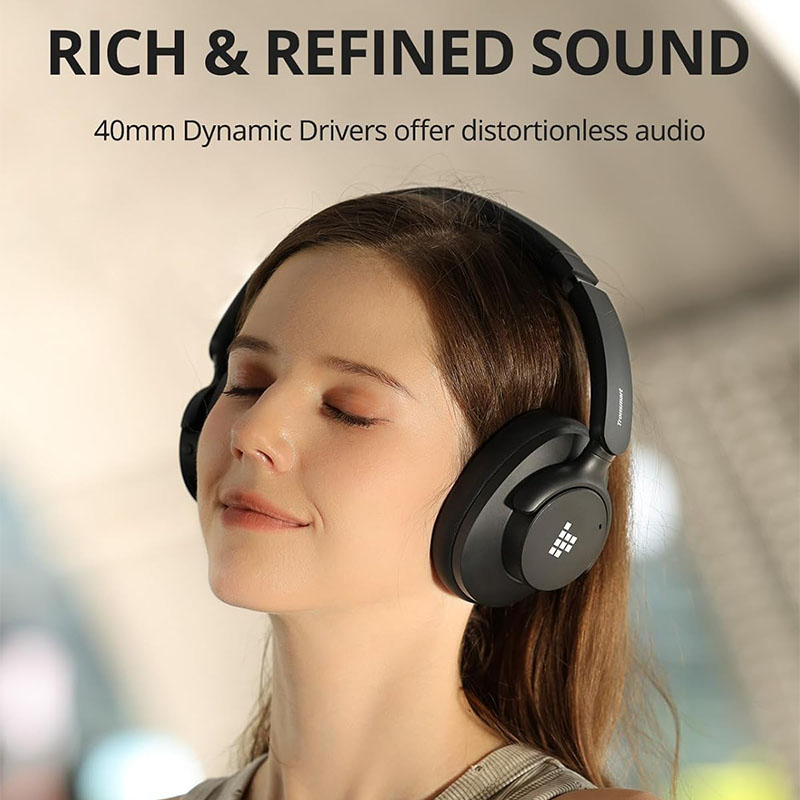 Tronsmart Q20S Hybrid Active Noise Cancelling Over Ear Headphones with Mic, Hi-Res Audio, 60H Playtime, Deep Bass Custom EQ via App, Comfort Fit, for Travel Home Office - Black