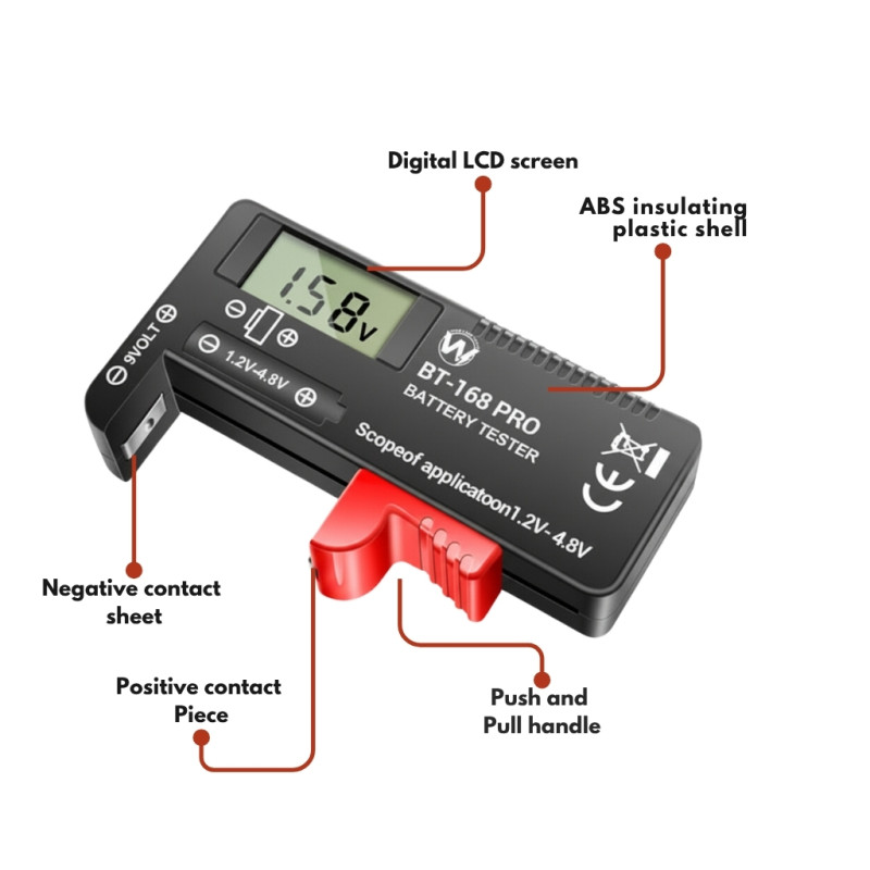 Digital Battery Volt Tester | Universal Lithium, AAA, AA & Button Cell Checker BT-168 PRO by W