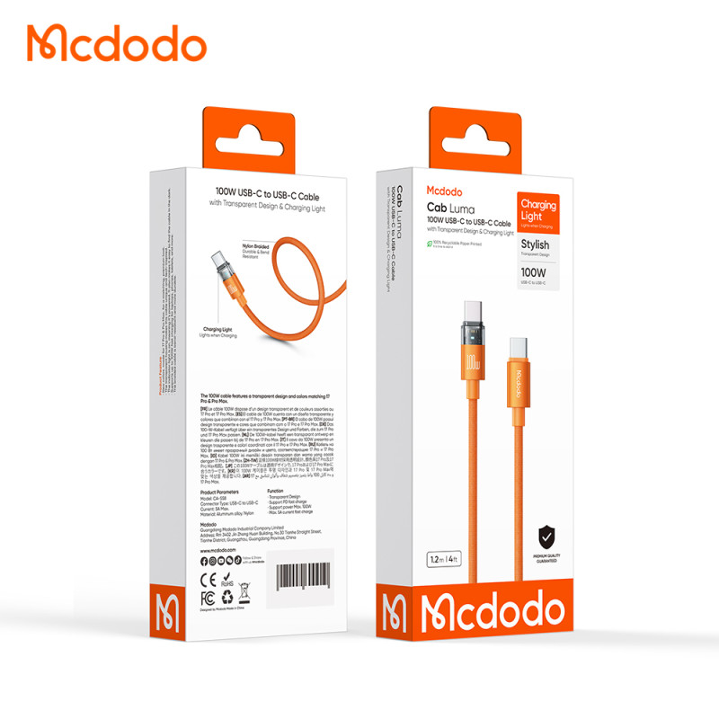 Mcdodo Cab Luma 100W USB-C to USB-C Charging Cable with LED 1.2m - Cosmic Orange