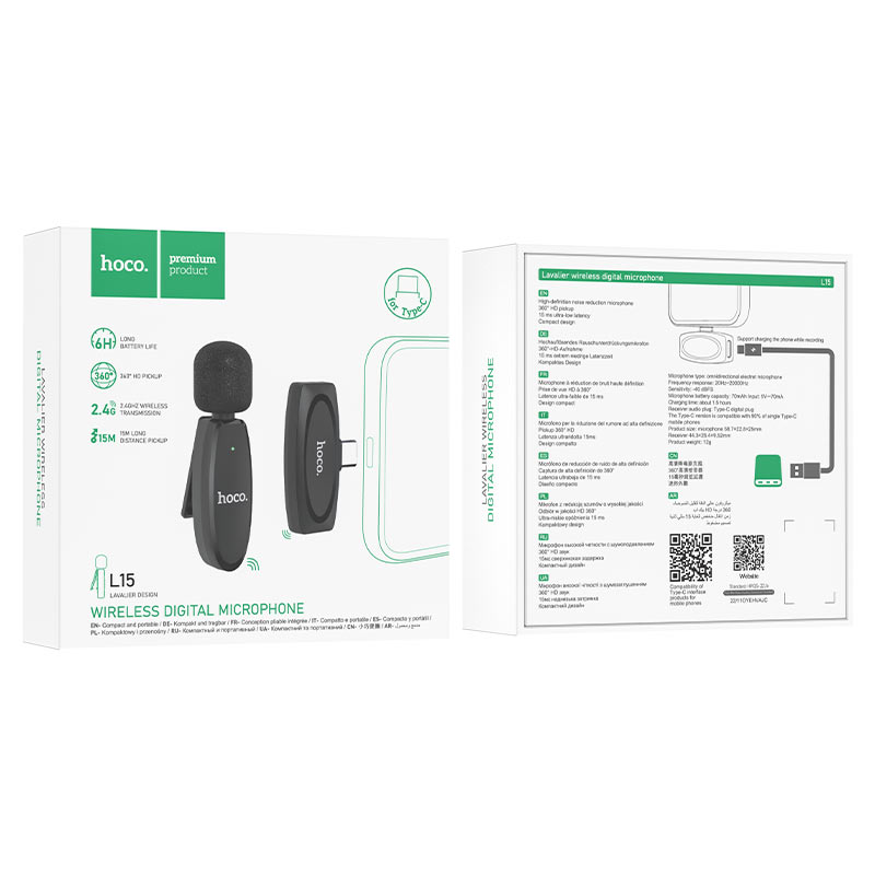 Hoco Crystal Wireless Lavalier Microphone (Type-C) - L15 - Black