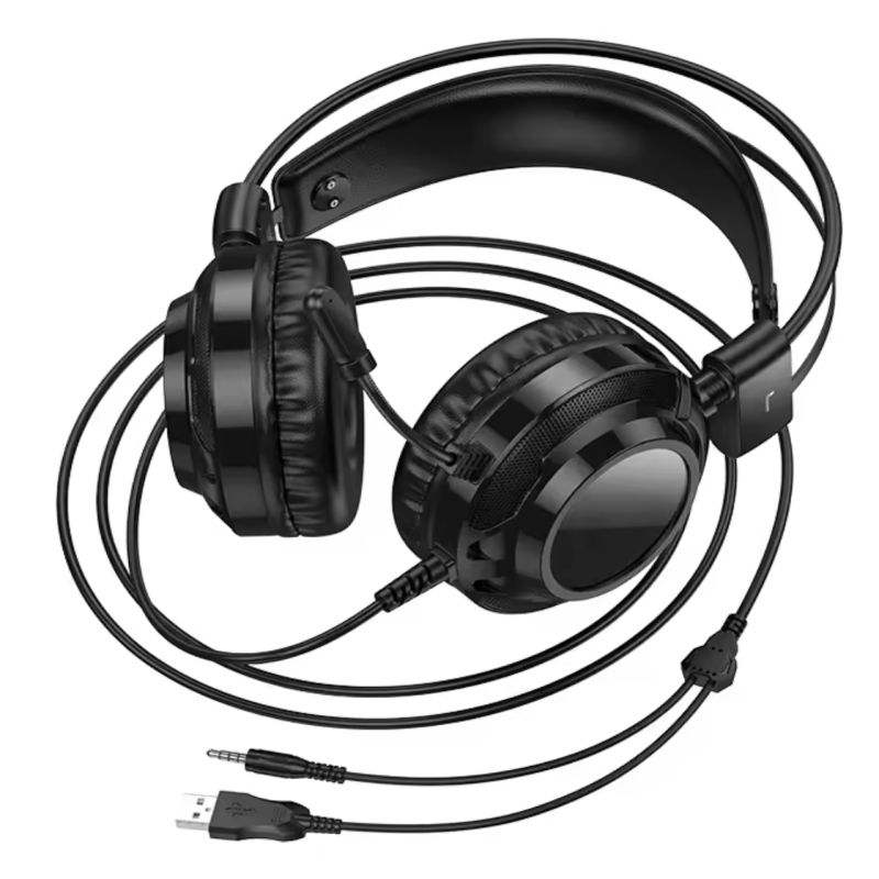 Hoco Resource Gaming Wired Headphones with 3.5mm AUX + USB-A, 2m cable, Colorful RGB lighting - W110 - Black