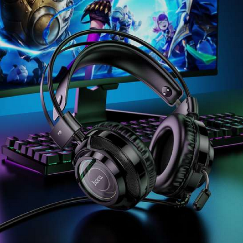 Hoco Resource Gaming Wired Headphones with 3.5mm AUX + USB-A, 2m cable, Colorful RGB lighting - W110 - Black