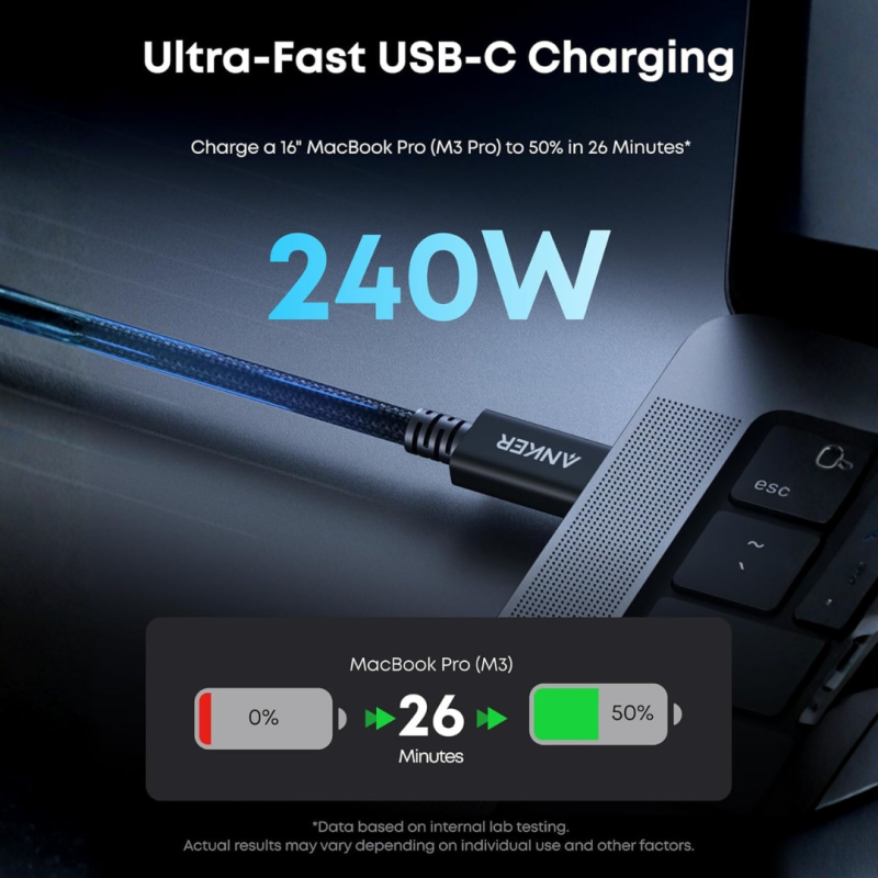 Anker Prime Thunderbolt 5 Cable (240W, 120Gbps, 3.3ft) – Intel Certified