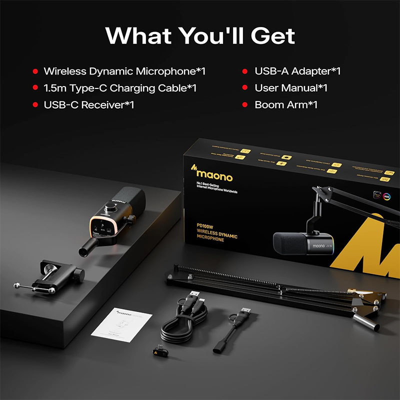 MAONO PD100WS Wireless Gaming Microphone for PC USB Dynamic Streaming Mic with Noise Cancellation, RGB, Mute Control & Software EQ for Podcasting, Gaming & Voice Recording