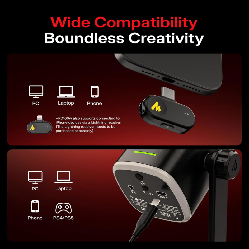 MAONO PD100W USB Wireless Microphone for PC, Gaming Streaming Dynamic Mic with One-Click Noise Reduction,Mute Button,Custom RGB, 3.5mm Headphone Jack, Desktop Podcasting Mic for Computer Phone