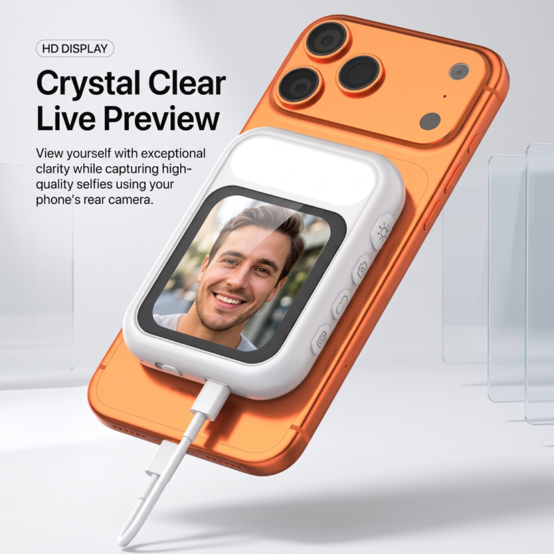 Magnetic Selfie Screen Display Monitor for Video Recording and Photos with LED Light | Type C + Lightning | Compatible with all devices