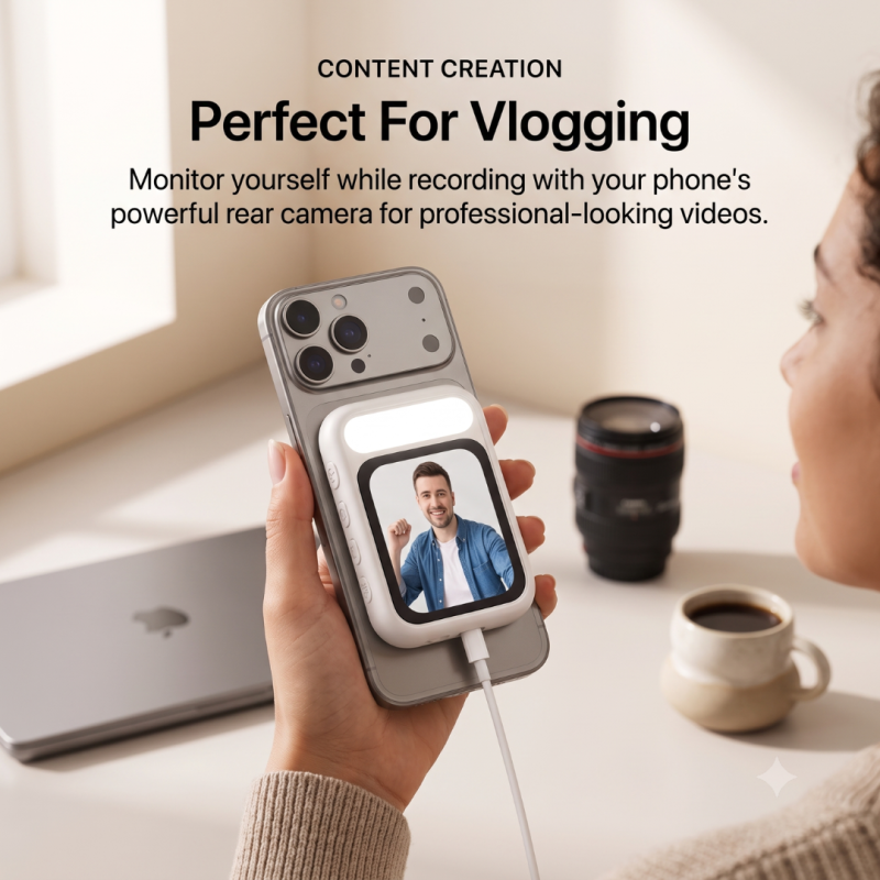 Magnetic Selfie Screen Display Monitor for Video Recording and Photos with LED Light | Type C + Lightning | Compatible with all devices