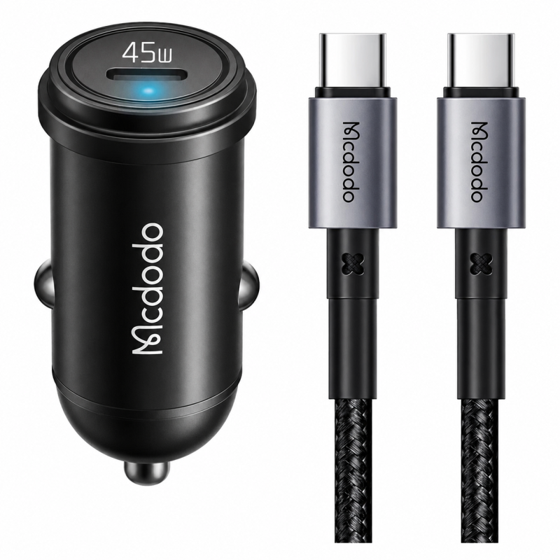 Mcdodo Aluminum Alloy 45W USB-C PD Car Charger Kit with 36W USB-C Cable (1.2m) - Black - CC-7496