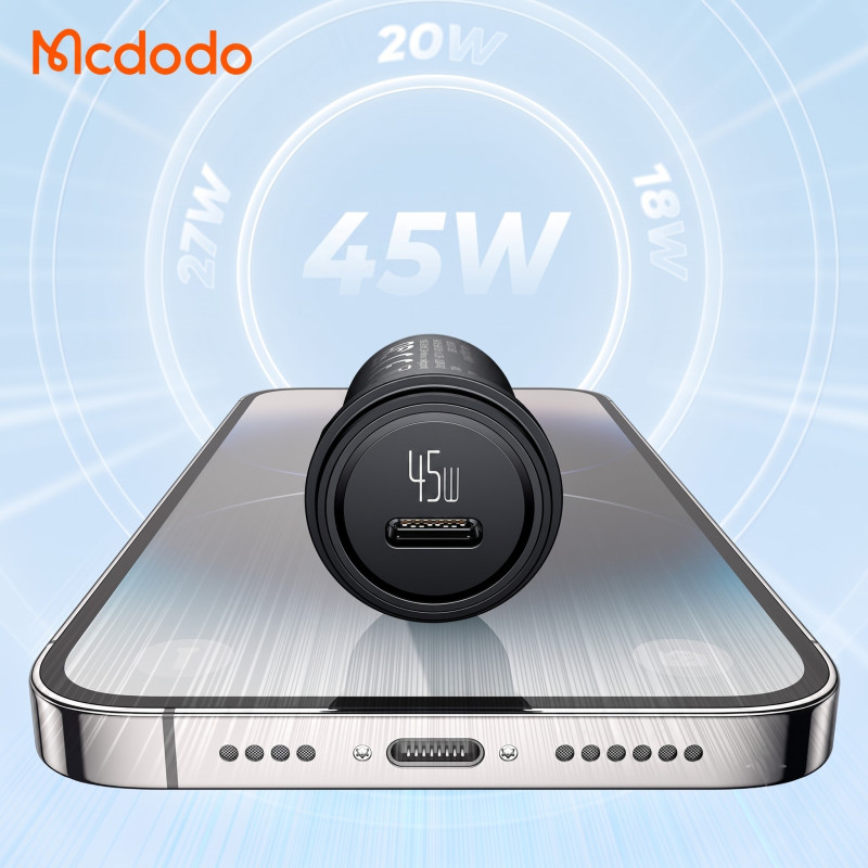 Mcdodo Aluminum Alloy 45W USB-C PD Car Charger Kit with 36W USB-C to Lightning Cable (1.2m) - Black