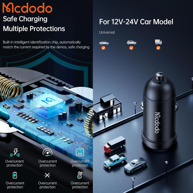 Mcdodo Aluminum Alloy 45W USB-C PD Car Charger Kit with 36W USB-C to Lightning Cable (1.2m) - Black