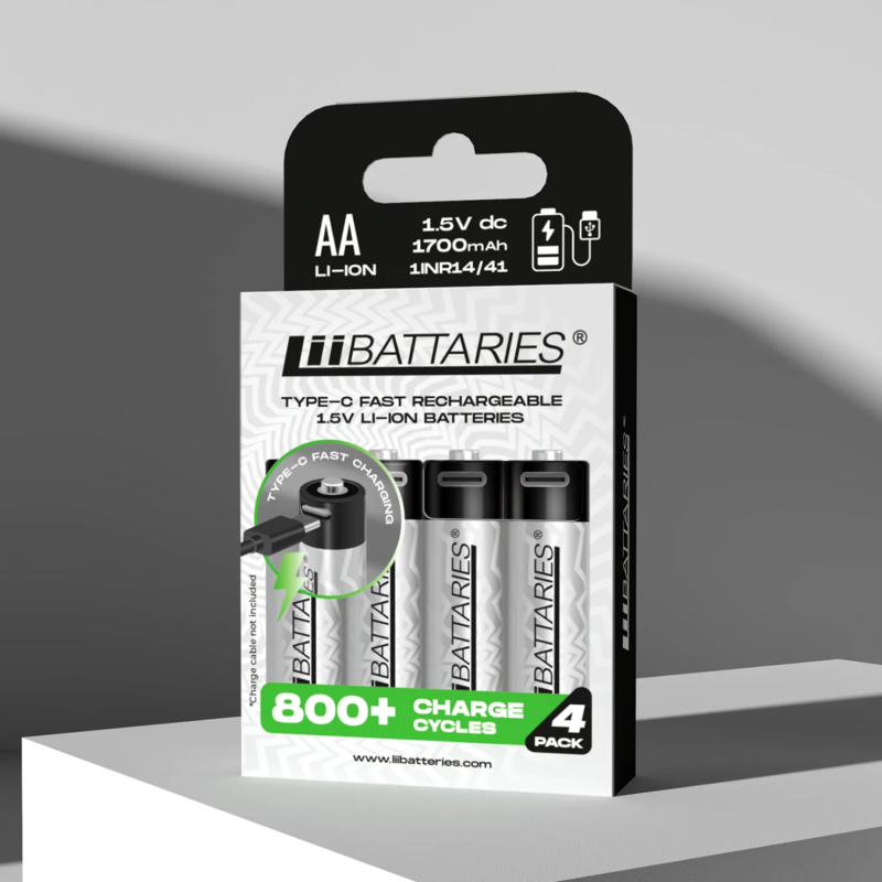 LiiBattaries AA Type-C Rechargeable Lithium-ion Battery 1700mAh 800+ Recharge Cycles - Pack of 4
