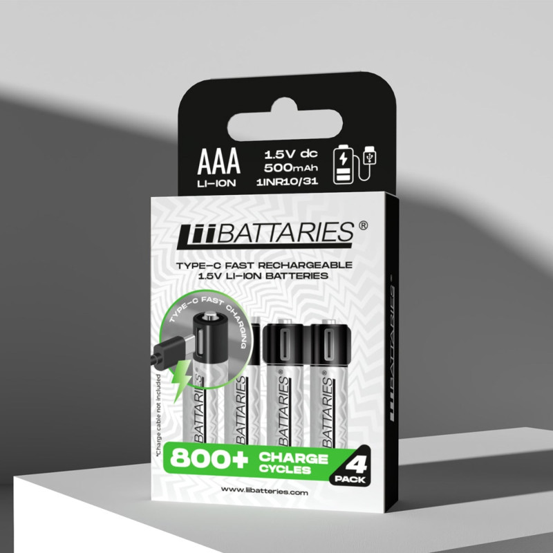 LiiBattaries AAA Type-C Rechargeable Lithium-ion Battery 500mAh 800+ Recharge Cycles - Pack of 4