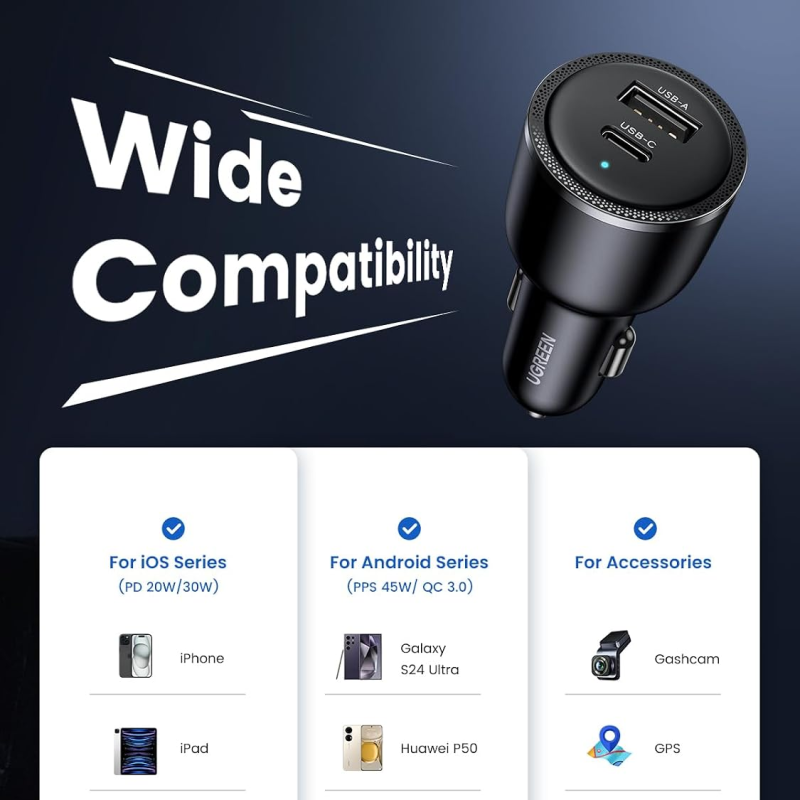 UGREEN Nexode 65W Dual Port USB-C + USB-A Car Charger - Black