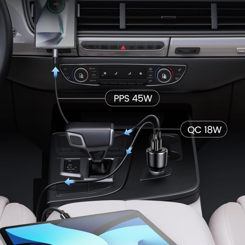 UGREEN Nexode 65W Dual Port USB-C + USB-A Car Charger - Black