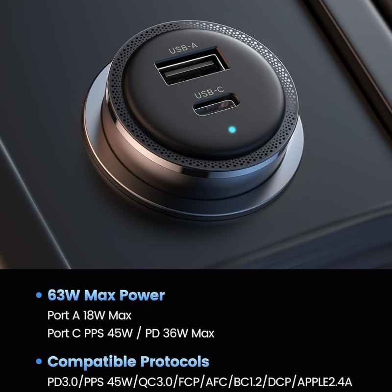 UGREEN Nexode 65W Dual Port USB-C + USB-A Car Charger - Black