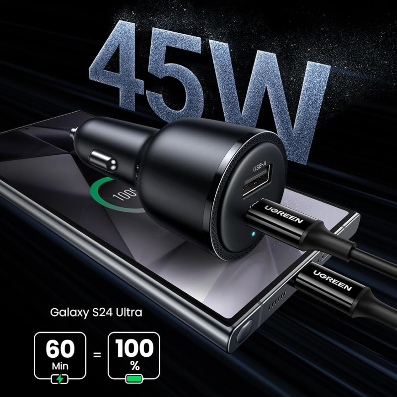 UGREEN Nexode 65W Dual Port USB-C + USB-A Car Charger - Black
