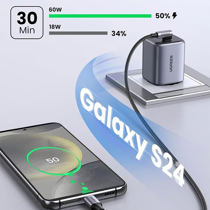 Ugreen 60W USB-C to USB-C 90 Degree Right Angle L-Shape Cable - 3m