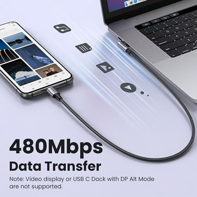 Ugreen 60W USB-C to USB-C 90 Degree Right Angle L-Shape Cable - 3m