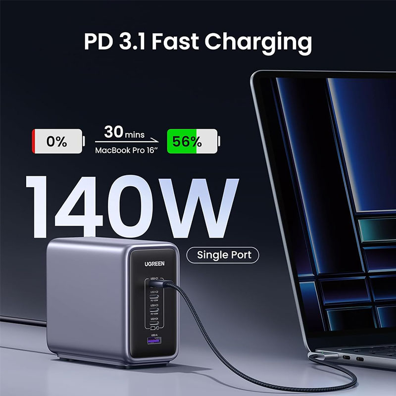 Ugreen Nexode 300W GaN Charging Station, 5-Port 140W Max Desktop Charger - Black