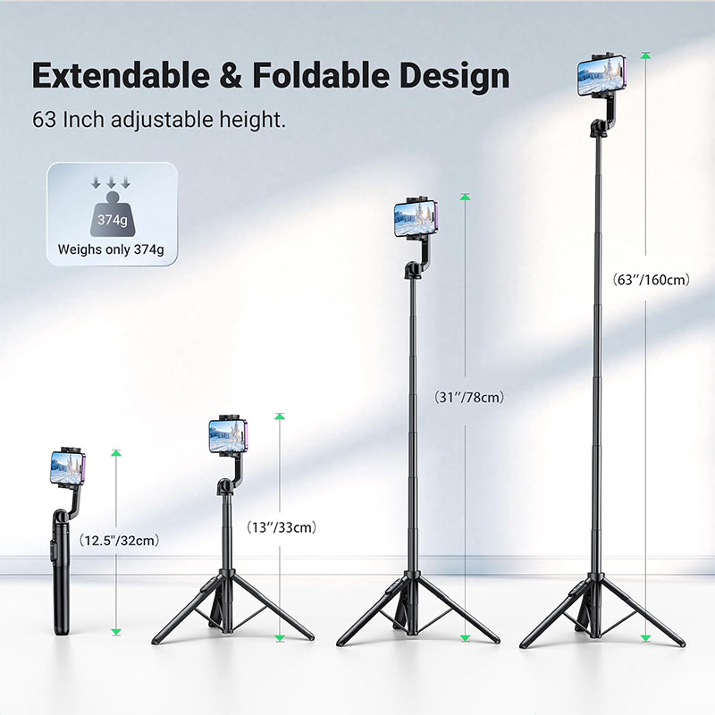 Ugreen Aluminum Tripod Stand with Bluetooth Remote Selfie Stick & Phone Holder - Black