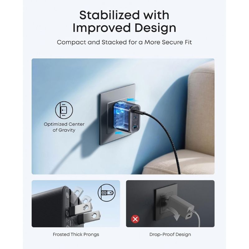 Anker Nano Charger (70w, 3 Ports) with Usb-C Cable, 2× Usb-C + 1× Usb-A, Fast Charging, ActiveShield Safety - Black