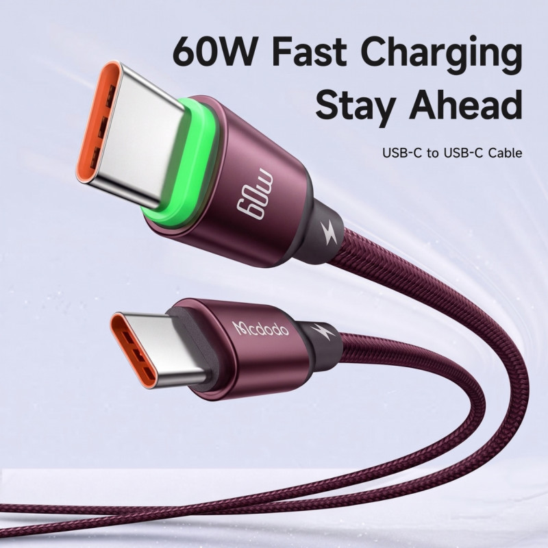 Mcdodo 60W USB-C To C Fast Charging Cable with LED Indicator Light - CA 6874 - Burgundy