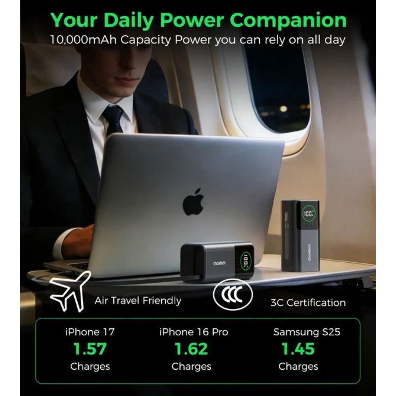 Choetech 35W 10,000mAh PD Power Bank with Built-in USB-C Cable & AC Plugs - B1011