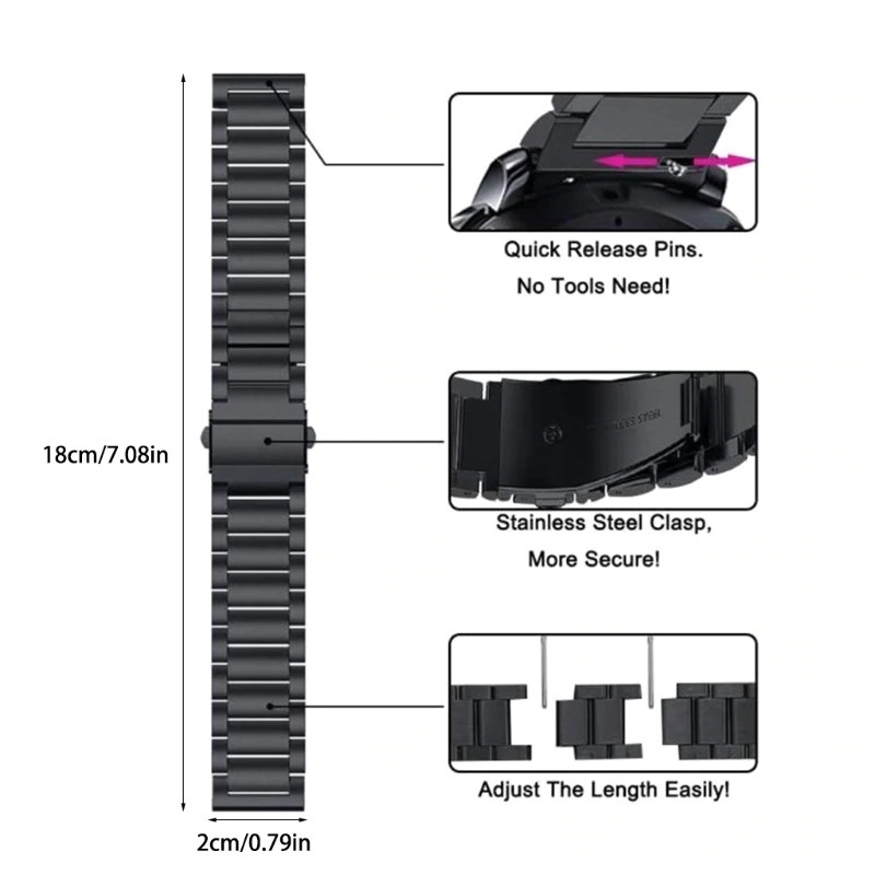 Three Beads Classic and Elegant Stainless Steel Replacement bracelet Strap for all Smart Watches 20mm - Black