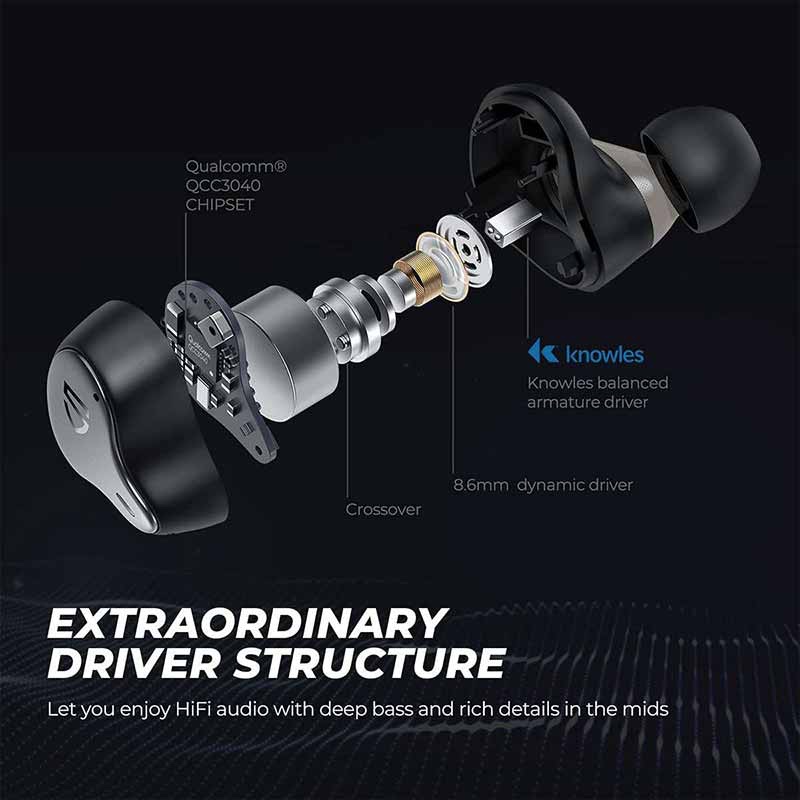 SoundPEATS H1 Wireless Earbuds with Knowles Hybrid Dual Driver and Crossover QCC3040, TrueWireless Mirroring, aptX Adaptive, Low Latency Game Mode