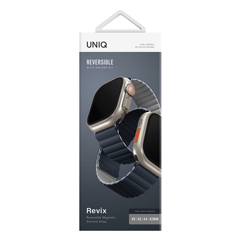 UNIQ Revix Reversible Magnetic Strap for Apple Watch Series 1-10, SE/SE2 & Watch Ultra 49/45/44/46mm – Strom (Blue/ Chalk Grey)
