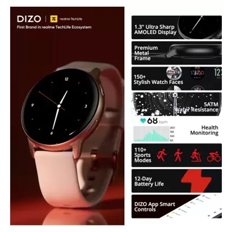 DIZO Watch R Amoled with 45mm Dial Size (by Realme TechLife) – Golden Pink
