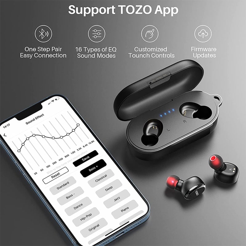 TOZO T10S v2022 True Wireless Stereo Earphones with Bluetooth 5.2, IPX8 Waterproof, Environmental Noise Canceling for Running Sports - Black