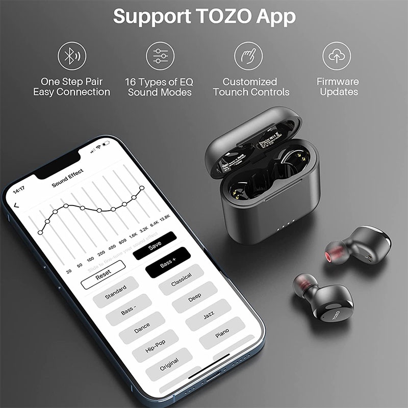 TOZO T6S v2022 True Wireless Earbuds with Bluetooth 5.2, Environmental Noise Cancellation, Sound with Deep Bass, Supports APP Control for Sports - Black