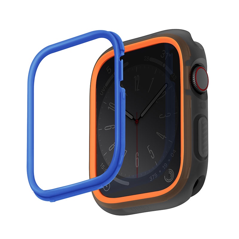 UNIQ Moduo Apple Watch Case with Interchangeable PC Bezel for Series 4/5/6/7/8/9 & SE/SE2 45/44MM - Smoke (Orange/Blue)