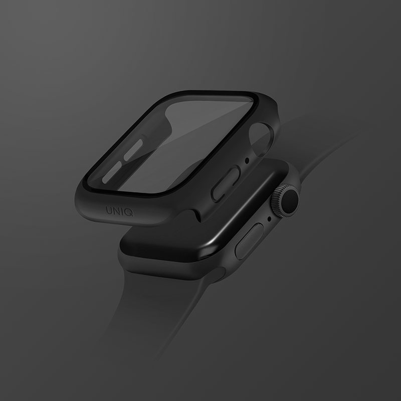 UNIQ Nautic Apple Watch Case with Curved Tempered Glass Screen Protector for Series 7/8/9 45MM - Midnight Black