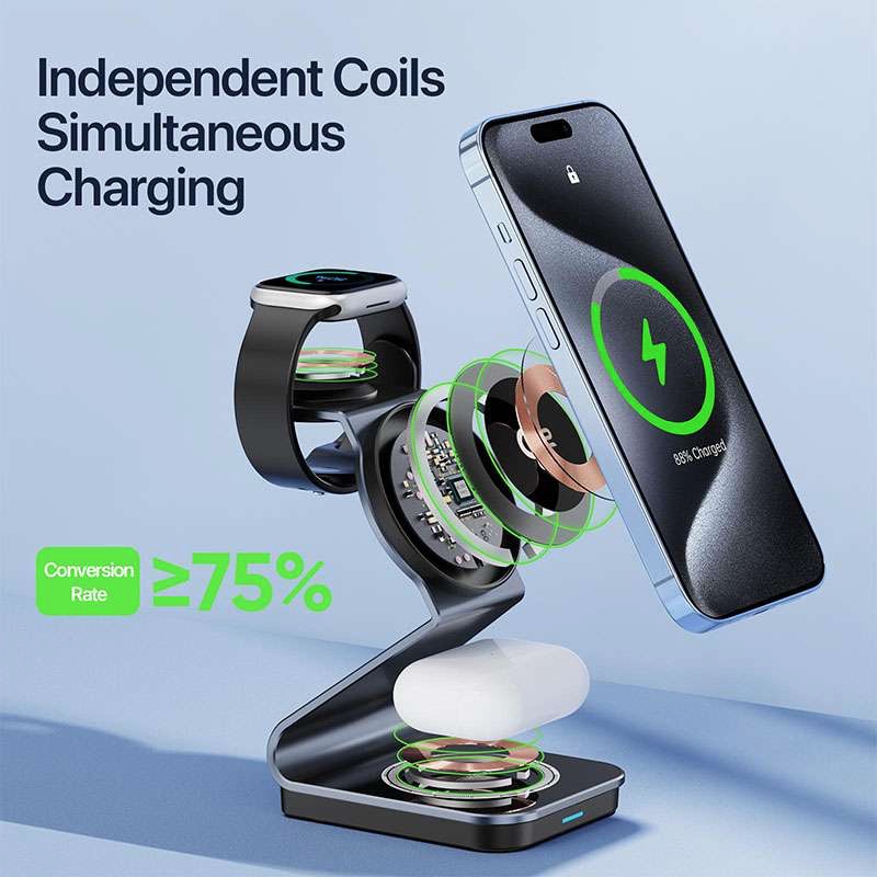 Duzzano W21 QI2 3 in 1 Transparent 15W Magnetic Magsafe Compatible Wireless Charger Stand for Phones, Airpods &  Apple Watch